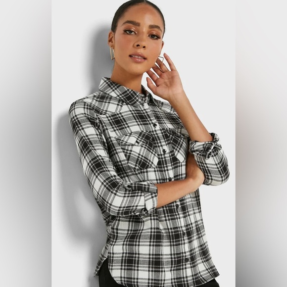 NOISY MAY BLACK & WHITE PLAID COTTON BUTTON UP SHIRT / SMALL - Picture 2 of 6